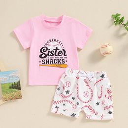 Clothing Sets 2024-03-27 Lioraitiin Toddler Baby Girl Summer Outfit Letter Print O-Neck Short Sleeve Tops Elastic Waist Baseball Shorts Set