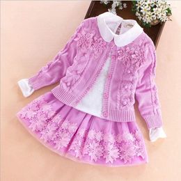 Clothing Sets Children's Set 2024 Autumn Winter Sweater Coat Shirt Skirt 3pcs Lace Flowers Kids Girls Cotton Clothes 7 8 10 13 Years