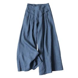 Summer Pants for Women Cotton Linen Large Size Wide Leg Femme Arts Style Elastic Waist Solid Casual Loose Pantalon 240412