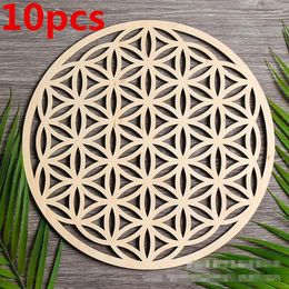 Table Mats 10pcs/lot Flower Of Life Natural Symbol Wood Round Edge Circles Carved For Stone Crystal Set DIY Decor Pads