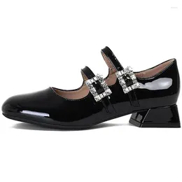 Casual Shoes 2024 Mary Janes Women Low Heels Woman Brand Rhinestone Buckle Square Toe Soft Comfortable Black Leather Loafers