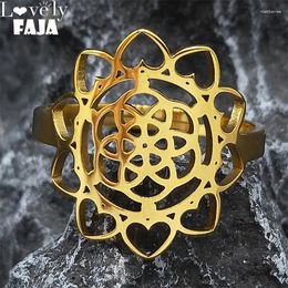Cluster Rings Sacred Geometry Metatron Heart Ring For Women Flower Fo Life Stainless Steel Gold Colour Finger Reiki Healing Jewellery RXS03