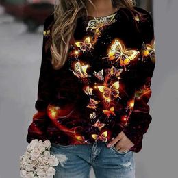 Men's Hoodies Sweatshirts Womens Butterfly and Four Leaf Grass Printed Round Neck Long Sleeve Sweatshirt Womens Hoodie Loose and Versatile Fashion Y2K 240424