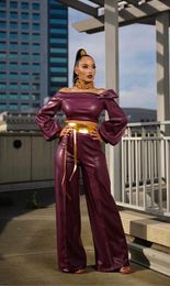 Women's Two Piece Pants LEDP 2024 Luxury Designer Solid Leather Sweet Overalls Slash Neck Full Sleeve Long Wide Leg Slim Women 2 Set