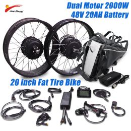 Bicycle Electric Bike Conversion Kit with Battery, 20 ", 26", 2 Motors, 2000W, Hub Motor, Front, Rear, Wide, 48V, 20Ah