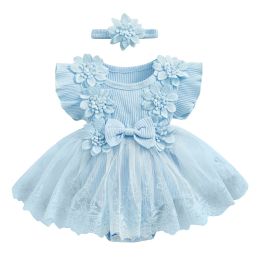 One-Pieces Infant Baby Girl Summer Dress Flowers Decor Ruffle Fly Sleeve Mesh Lace Tutu Bodysuits Dress and Headband Cute Girls Outfit