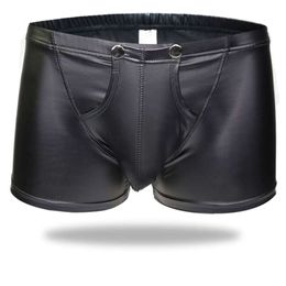 Sexy Men Faux Leather Ring Boxer U Convex Shiny Boxers Underwear Sheathy Cool Male Gay Wear Pouch Plus Size F10