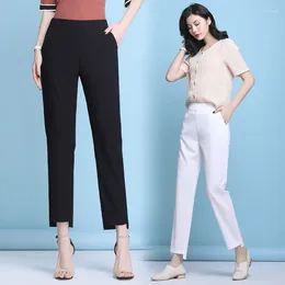 Women's Pants 2024 Women Summer Linen Cropped Straight Thin Solid Colour Elastic Band High Waist Capris Feet Trousers S 4XL