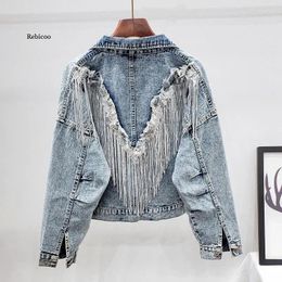 Women's Jackets Denim Jacket Spring And Autumn European Station Sequins Tassels Loose Thin Cropped Top