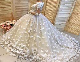 3D Butterflies Appliques Wedding Dresses Lace Top Sheer Long Sleeves Bridal Gowns Custom Made Tulle Sweep Train Wedding Vestidos C6513814