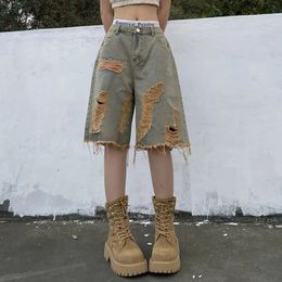 Women Vintage Hole Denim Shorts Y2K Hip Hop High Street Jeans Bf Summer Baggy All Match Wide Leg Short Pants 240418