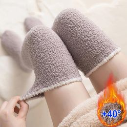 Women Socks Soft Coral Fleece Knee Winter Warm Plush Leg Warmer Girl Solid Colour Thigh High Home Floor Thick Long Stocking