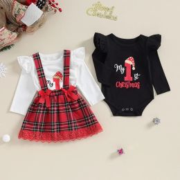 Sets Christmas 02Y Baby Girls 2 Piece Outfits Letter Print Long Sleeves Romper and Plaid Suspender Skirt Fall Spring Clothes