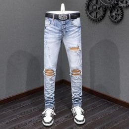 Men's Jeans Street Fashion Men Retro Light Blue Elastic Skinny Fit Ripped Hole Leather Patched Designer Hip Hop Brand Pants