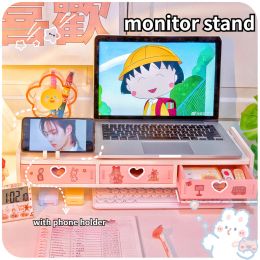Racks Kawaii Desktop Monitor Stand Wooden Computer Laptop Elevated Stand with Drawers Desk Storage Organizer Pink Cute Monitor Stand