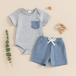 Clothing Sets Fashion Striped Baby Boys Clothes Summer Toddler Shorts Pocket Short Sleeve Romper With Elastic Waist Kids Outfits
