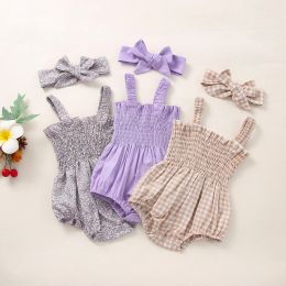 One-Pieces Baby Girls 2Pcs Summer Outfits Sleeveless Frill Smocked Strap Romper with Headband Set