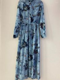 Casual Dresses 2024 Spring Long-sleeved Dress Blue Ink Print Drawstring Elastic Waist Midi For Women