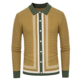 Polos Stripe Knit Polo Shirt Spring Autumn Men Long sleeved lapel Knitwear Ice Cool Silk Fabric Business Polos Cardigan Sweater Male