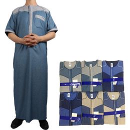 Men's Islamic Clothing Moroccan Patchwork Cotton Linen Short Sleeve Middle East Arab Robe
