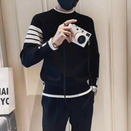 Sweatshirts Man Clothes No Hoodie Knitted Sweaters for Men Green Striped Pullovers Casual Cotton Thick Winter 2023 Trend X Sweatshirts A Fun