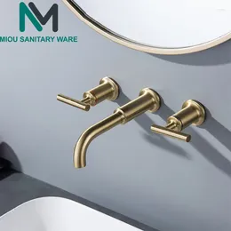 Bathroom Sink Faucets Brass Double Handle Wall Mounted Faucet & Cold Water Taps Basin Mixer Brushed Gold Tap Set