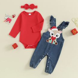 Sets New Infant Baby Girl Boys Clothes Christmas Outfits Long Sleeve Romper + Deer Embroidery Suspendder Denim Pants + Headband