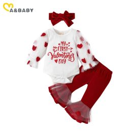 Sets ma&baby 018M Valentine's Day Newborn Infant Toddler Baby Girl Clothes Sets Letter Mesh Long Sleeve Romper Flare Pants Outfit