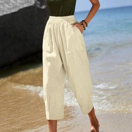 Women's Pants Trendy Solid Ladies Plus Size Slacks Drawstring Pocket Elastic Waist Wide Leg Thin Summer Vertical Tube Trousers