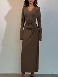 Casual Dresses Fashion Women Fall Elegant Wrap Long Dress Classic Solid Color Sleeve V-Neck Ribbed With Tie-Up Belt For Office Daily