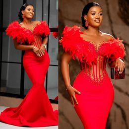 2024 Plus Size Aso Ebi Prom Dresses for Black Women Promdress Feathered Illusion Sheer Neck Beaded Birthday Party Dress Second Reception Gowns Engagement Gown AM773