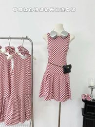 Casual Dresses Japanese Streetwear Red One-Piece Frocks Sleeveless Off Shoulder Vintage A-Line Dress Basic Plaid Fairy 2000s Aesthetic