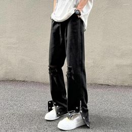 Men's Jeans Men Flared High Street Style Summer With Ripped Holes Wide Leg Design Solid Color Denim Pants Side For A