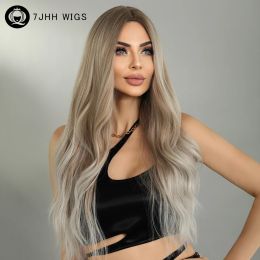 Wigs 7JHH WIGS Highlight Wig Body Wave Ombre Platinum Blonde Wig with Bangs Synthetic Wigs for Women Cosplay Wig Heat Resistant Hair