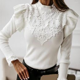 Women's Blouses Women Top Lace Decoration Flounced Half High Collar Patchwork Base Shirt For Daily Wear