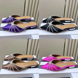 Flat Crystal Women Pointed Toe Rivet Studded Party Shoes Summer Slides High Quality Satins Slippers Woman