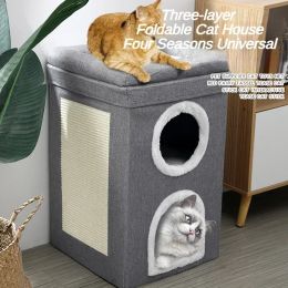 Mats Foldable Cat House with Scratch Pad, Hideaway Condo for Kitty, Hut Covered Kitten Bed, Pet Furniture, 2 Level