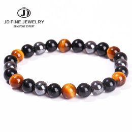 Strands JD Natural Black Obsidian Stone Hematite Tiger Eye Bead Bracelet Women Men Triple Protection Health Care Weight Loss Jewellery