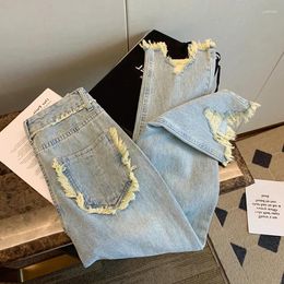 Women's Jeans Spring And Summer 2024 Tassel Trim Ripped Wide Leg For Women Y2k Fashion Street Denim Pants Streetwear High Waisted Straig