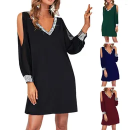 Casual Dresses Women Dress Sequin Patchwork V Neck Mini For Off Shoulder Hollow Out Mesh Above Knee Length Loose Pullover Lady