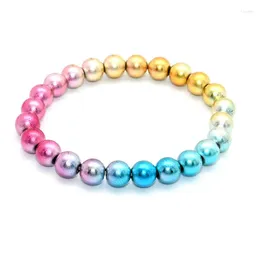 Strand Design Rainbow Colour Plating 8mm Hemattie Round Beaded Elxatic Bracelet For Summer Women Beach Jewellery