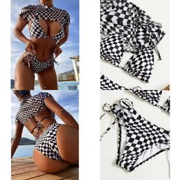 Swimwear Women's Sexy Chess Grid Three Piece Swimsuit Blouse Fashionable European and American Women Bikini Summer Beach Swim Femme