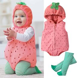 One-Pieces Cute Baby Romper Clothes Set Strawberry Shaped Stage Performance Zipup Hooded Romper+Striped Stockings Girls Boys Costume