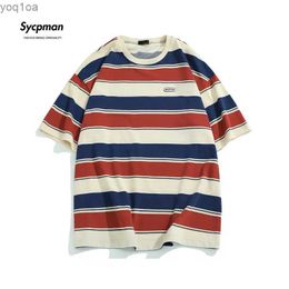 Men's T-Shirts New Loose Contrast Colour Short Sleeve Main Striped T-shirts Couples For Men And Women In The Summer Of 2022L2404