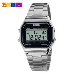 Wristwatches Skmei 3Bar Waterproof Digital Watch Reloj Hombre For Casual Sport 1123 Fashion Men Stainless Steel Strap LED Display Watches 240423