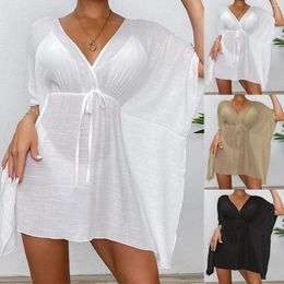 Sexy V-Neck Summer Beach Dress White Cotton Tunic Women Beachwear Bikini Cover-Ups Sarong Plage Bathing Suit Cover Up