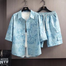 Men's Tracksuits Trendy Summer Set Short Sleeved Shirt Shorts 2024 Korean Letter Printed Cotton Sportswear Casual Fashion