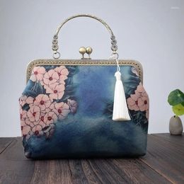 Evening Bags 2024 Winter Fashion Retro Ladies Clutch Bag Creative Chinese Ethnic Style Banquet Handbag Flower Print Small Tassel Coin Purse