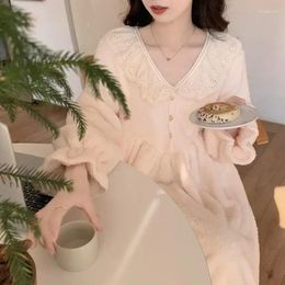Womens Sleepwear Winter Womens Ruffle Lace Home Wear Fleece Night Sleeve Dress Solid Style Nightgown One Pajamas Long Piece Warm Korean