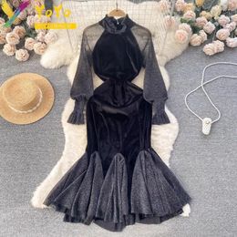 Casual Dresses 2024 Spring Black Fashion Velvet Half High Neck Transparent Mesh Lantern Sleeve Fishtail Dress Women's Slim Bodycon Party